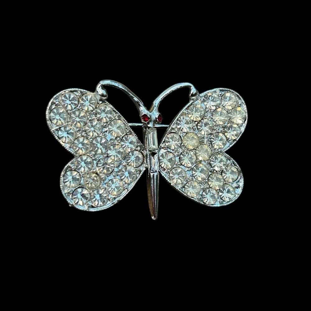 VTG Butterfly Pin Brooch Rhinestones Red Eyes Clear Stones Silver Tone Summer